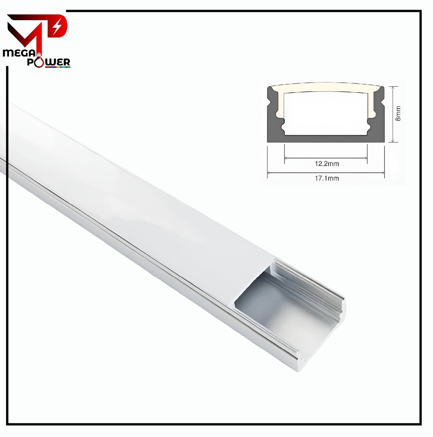 Mega Power Profile Light 17mm Open Aluminum with Diffuser – 3 Meter (10ft) | Wide LED Channel