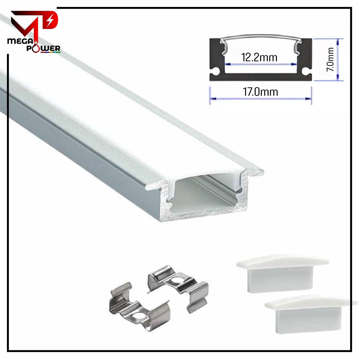 Mega Power 17mm Concealed Aluminum LED Profile Channel with Diffuser – Recessed Slim Housing for LED Strip Lights (LED Not Included)