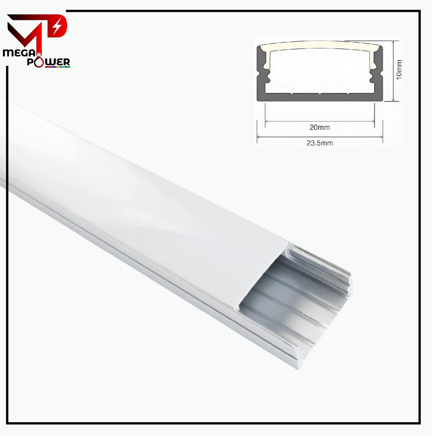 Mega Power 23mm Open Aluminum LED Profile Channel with Diffuser – 3 Meter (10 ft) Length – Surface Mount Housing for LED Strip Lights.